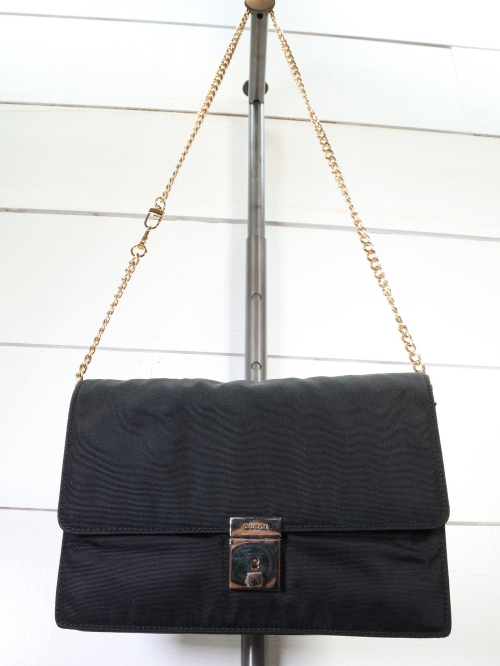 Vintage Gucci Black Canvas & Leather Shoulder Bag Handbag Purse
